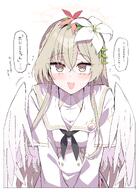artist:ramune_himiya body_wings brown_eyes brown_hair character:nagisa_(blue_archive) feathered_wings flushed_face hair_accessories hair_braid halo in-series_category:tea_party in-series_category:trinity_general_school japanese_text long_hair pov series:blue_archive // 1813x2500 // 1.7MB