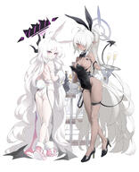 artist:bpang bandaids_on_nipples body_wings brown_skin bunny_suit character:hina_(blue_archive) character:iori_(blue_archive) chest_gap demon_horns demon_wings fishnet_leggings hair_covering_eye halo horns in-series_category:gehenna_academy in-series_category:prefect_team leotard mechanical_halo pointed_ears ponytail purple_eyes rabbit_ears red_eyes series:blue_archive tail thigh_squish white_hair // 1240x1525 // 840KB