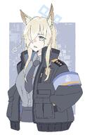 animal_ears artist:o-ame blonde_hair blue_eyes character:kanna_(blue_archive) dog_ears dog_girl hair_covering_eye halo in-series_category:public_peace_bureau in-series_category:valkyrie_police_school long_hair series:blue_archive sharp_teeth // 1294x2048 // 219KB
