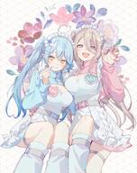 alternate_outfit animal_ears artist:ttomari blue_hair character:shishiro_botan character:yukihana_lamy elf grey_eyes grey_hair hair_accessories in-series_category:generation_5 in-series_category:hololive_japan japanese_text lion_ears lion_girl pointed_ears series:hololive side_ponytail tube_socks yellow_eyes // 1176x1481 // 325KB