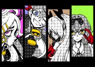 artist:jepy blue_eyes brown_skin character:ako_(blue_archive) character:chinatsu_(blue_archive) character:hina_(blue_archive) character:iori_(blue_archive) demon_horns elf hair_accessories hair_bow hair_covering_eye halo horns in-series_category:gehenna_academy in-series_category:prefect_team long_hair mechanical_halo monochrome pointed_ears purple_eyes series:blue_archive short_hair twin_tails // 2048x1451 // 745KB