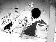 artist:ganohito character:hifumi_(blue_archive) character:sensei_(blue_archive) halo in-series_category:make-up_work_club in-series_category:trinity_general_school japanese_text monochrome series:blue_archive throat_bulge // 1200x900 // 269KB