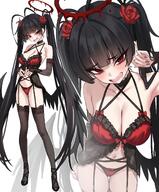 artist:shigure_s black_hair body_wings character:tsurugi_(blue_archive) feathered_wings flushed_face halo in-series_category:justice_task_force in-series_category:trinity_general_school lingerie long_hair messy_hair negligee red_eyes series:blue_archive twin_tails // 1652x2000 // 372KB