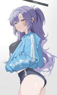 artist:lamancha bloomers character:yuuka_(blue_archive) character:yuuka_(track)_(blue_archive) halo in-series_category:millenium_science_school in-series_category:seminar long_hair mechanical_halo midriff ponytail purple_eyes purple_hair series:blue_archive sports_wear star_mark // 2453x4096 // 494KB