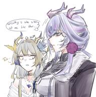 artist:drkim character:jun_(arknights) character:shu_(arknights) dragon_horns english_text eye_liner green_eyes horns in-series_category:feranmut in-series_category:sui_siblings in-series_category:yan long_hair pointed_ears purple_eyes purple_hair series:arknights short_hair white_hair // 3892x3921 // 991KB