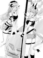 alternate_outfit artist:hill_chuchu character:bagpipe_(arknights) character:bagpipe_(queen_no._1)_(arknights) character:ch'en_(arknights) dragon_girl dragon_horns dragon_tail flushed_face horns in-series_category:lung in-series_category:lungmen in-series_category:victoria in-series_category:vouivre long_hair midriff monochrome race_queen_outfit series:arknights short_shorts tail // 1536x2048 // 333KB