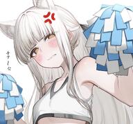 alternate_outfit anger_vein animal_ears artist:tab_head character:platinum_(arknights) cheerleader flushed_face hair_bow horse_ears horse_girl in-series_category:kazimierz in-series_category:kuranta japanese_text long_hair series:arknights white_hair yellow_eyes // 3372x3163 // 795KB