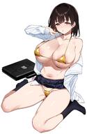 artist:kai_tomohiro brown_eyes brown_hair flushed_face golden_bikini large_areolae micro_bikini nipple_slip series:original short_hair // 1984x3044 // 375KB