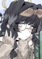alternate_outfit animal_ears artist:kowa black_hair blue_eyes casual_clothes character:hibiki_(blue_archive) dog_ears dog_girl glasses hair_bow halo in-series_category:engineering_club in-series_category:millenium_science_school series:blue_archive sweater // 2894x4093 // 1.1MB