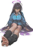 artist:drive_shot brown_skin character:karin_(blue_archive) character:karin_(uniform)_(blue_archive) flushed_face halo in-series_category:cleaning_&_clearing in-series_category:millenium_science_school long_hair purple_hair series:blue_archive sweater tube_socks yellow_eyes // 2048x3072 // 1.5MB
