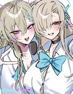 artist:dos_dos121 beauty_mark blonde_hair blue_eyes character:asuna_(blue_archive) character:asuna_(uniform)_(blue_archive) character:lynae_(wuthering_waves) english_text hair_accessories hair_braid hair_covering_eye halo headphones in-series_category:cleaning_&_clearing in-series_category:millenium_science_school long_hair purple_eyes series:blue_archive series:wuthering_waves v // 1585x2048 // 404KB