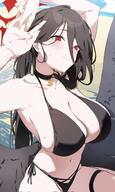 artist:yotoyo_(kuu) beauty_mark black_hair body_wings character:hasumi_(blue_archive) character:hasumi_(swimsuit)_(blue_archive) feathered_wings hair_down_the_middle halo in-series_category:justice_task_force in-series_category:trinity_general_school red_eyes series:blue_archive sweaty swimsuit thigh_squish // 1229x2048 // 236KB