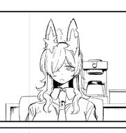 animal_ears artist:gum_118 character:kanna_(blue_archive) comic dog_ears dog_girl hair_covering_eye halo in-series_category:public_peace_bureau in-series_category:valkyrie_police_school long_hair meta:cropped meta:work-in-progress monochrome series:blue_archive sharp_teeth // 1065x1125 // 120KB