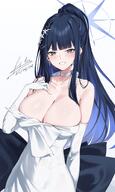 artist:esto_0079 blue_eyes blue_hair character:saori_(blue_archive) character:saori_(dress)_(blue_archive) dress hair_accessories halo in-series_category:arius_satellite_school in-series_category:arius_squad long_hair low-cut_dress ponytail series:blue_archive two-tone_hair // 959x1607 // 173KB