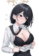 artist:tinkie black_eyes black_hair character:hiromi_(blue_archive) flushed_face halo in-series_category:dorm_supervisory_unit in-series_category:wild_hunt_academy_of_arts lingerie peek series:blue_archive short_hair teasing // 1896x2687 // 2.0MB