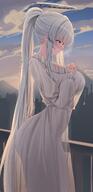 artist:MoLi character:noa_(blue_archive) character:noa_(pajama)_(blue_archive) flushed_face halo in-series_category:millenium_science_school in-series_category:seminar long_hair mechanical_halo pajamas ponytail purple_eyes series:blue_archive silhouette white_hair // 993x2048 // 192KB