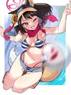 animal_ears artist:abe-napori brown_eyes brown_hair character:izuna_(blue_archive) character:izuna_(swimsuit)_(blue_archive) eye_liner fox_ears fox_girl fox_tail hair_accessories halo in-series_category:allied_hyakkiyako_academy in-series_category:ninjutsu_research_club series:blue_archive short_hair short_shorts swimsuit tail // 510x680 // 66KB
