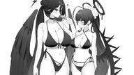 artist:ramuri beauty_mark body_wings character:hasumi_(blue_archive) character:hasumi_(swimsuit)_(blue_archive) character:tsurugi_(blue_archive) feathered_wings flushed_face hair_accessories hair_bun hair_down_the_middle halo in-series_category:justice_task_force in-series_category:trinity_general_school long_hair ponytail series:blue_archive sweaty swimsuit // 3491x1964 // 451KB