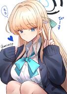 artist:ventvert0 blonde_hair blue_eyes character:toki_(blue_archive) character:toki_(uniform)_(blue_archive) hair_bow hair_braid in-series_category:cleaning_&_clearing in-series_category:millenium_science_school in-series_category:super_phenomenon_task_force japanese_text long_hair series:blue_archive sweater v // 1032x1457 // 213KB