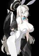 artist:kawatiw brown_eyes brown_hair bunny_suit character:akane_(blue_archive) character:akane_(bunny)_(blue_archive) flushed_face glasses halo in-series_category:cleaning_&_clearing in-series_category:millenium_science_school leotard long_hair meta:source_deprecated rabbit_ears series:blue_archive // 1187x1718 // 212KB