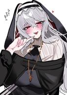 artist:dos_dos121 character:specter_(arknights) flushed_face in-series_category:abyssal_hunters in-series_category:&aelig;gir_(nation-state) in-series_category:&aelig;gir_(race) japanese_text long_hair nun red_eyes series:arknights sharp_teeth white_hair // 1463x2048 // 277KB