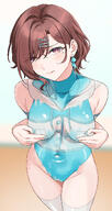 artist:nonbire beauty_mark body_paint brown_hair character:higuchi_madoka_(idolmaster_shiny_colors) flushed_face hair_accessories idol_outfit purple_eyes series:idolmaster series:idolmaster_shiny_colors short_hair // 1065x1999 // 367KB