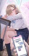 artist:momichi beauty_mark blonde_hair blue_eyes character:asuna_(blue_archive) character:asuna_(uniform)_(blue_archive) hair_covering_eye halo in-series_category:cleaning_&_clearing in-series_category:millenium_science_school japanese_text long_hair pov series:blue_archive // 627x1200 // 132KB
