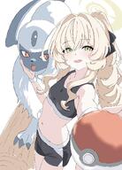 alternate_outfit artist:kamitosayu blonde_hair character:professor_niyaniya_(blue_archive) green_eyes hair_bow long_hair midriff ponytail series:blue_archive series:pokemon sports_wear // 1476x2048 // 332KB