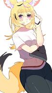 alternate_outfit animal_ears artist:yupimaru blonde_hair character:omaru_polka fox_ears fox_girl fox_tail in-series_category:generation_5 in-series_category:hololive_japan long_hair midriff pants purple_eyes series:hololive tail // 1850x3290 // 334KB