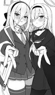 artist:deras character:key_(blue_archive) character:plana_(blue_archive) flushed_face gyaru_v hair_bow hair_braid hair_covering_eye hair_down_the_middle halo in-series_category:game_development_department in-series_category:general_student_council in-series_category:millenium_science_school in-series_category:schale in-series_category:shittim_chest monochrome series:blue_archive v // 695x1200 // 135KB
