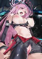 artist:kurotsuki_machi character:eimi_(battle)_(blue_archive) character:eimi_(blue_archive) cowgirl_position female_on_top flushed_face halo in-series_category:millenium_science_school in-series_category:super_phenomenon_task_force long_hair pink_hair purple_eyes series:blue_archive sports_wear squirting sweaty torn_clothing vaginal_sex // 1593x2257 // 572KB