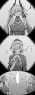 alternate_outfit artist:hxd9585 character:lilith_(fate) character:mash_(fate) comic demon_horns hair_covering_eye horns long_hair monochrome pointed_ears santa_outfit series:fate short_hair succubus twin_tails // 1000x2677 // 1.0MB