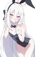 alternate_outfit artist:emoao bunny_suit character:key_(blue_archive) flushed_face hair_bow hair_down_the_middle halo in-series_category:game_development_department in-series_category:millenium_science_school leotard long_hair pink_eyes rabbit_ears series:blue_archive white_hair // 744x1200 // 107KB