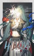 artist:sabasuk0 character:hoshiguma_(arknights) character:hoshiguma_the_breacher_(arknights) demon_horns english_text green_hair horns in-series_category:lungmen in-series_category:oni long_hair midriff oni pants ponytail sarashi series:arknights yellow_eyes // 1000x1660 // 650KB