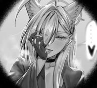 animal_ears artist:hxd9585 character:shiroko_(blue_archive) drinking_cum flushed_face hair_accessories halo heterochromia in-series_category:abydos_high_school in-series_category:foreclosure_task_force long_hair monochrome pov series:blue_archive steaming_body wolf_ears wolf_girl // 1000x912 // 513KB