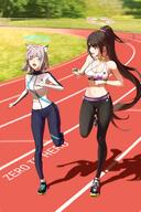 animal_ears artist:woo_ddong black_hair character:shiroko_(blue_archive) character:sumire_(blue_archive) grey_hair hair_accessories halo heterochromia in-series_category:abydos_high_school in-series_category:athletics_training_club in-series_category:foreclosure_task_force in-series_category:millenium_science_school long_hair midriff ponytail series:blue_archive short_hair sports_wear sweaty wolf_ears wolf_girl // 2216x3324 // 606KB
