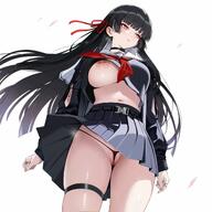 artist:ATEOYH bandaids_on_nipples beauty_mark black_hair character:chisa_(wuthering_waves) long_hair nipple_slip red_eyes series:wuthering_waves thigh_squish // 2048x2048 // 296KB