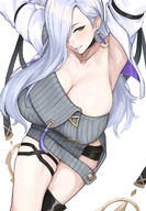 armpit artist:evanyang59 character:omi_(fate) eye_scar flushed_face hair_covering_eye lipstick long_hair series:fate short_shorts snake_girl sweater thigh_squish white_hair yellow_eyes // 1471x2121 // 741KB
