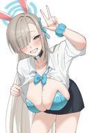 artist:nagomu beauty_mark blonde_hair blue_eyes bunny_suit character:asuna_(blue_archive) character:asuna_(bunny)_(blue_archive) flushed_face hair_covering_eye halo in-series_category:cleaning_&_clearing in-series_category:millenium_science_school leotard long_hair rabbit_ears series:blue_archive v // 1640x2360 // 1.7MB