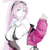 artist:kawatiw character:eimi_(blue_archive) character:eimi_(swimsuit)_(blue_archive) halo in-series_category:millenium_science_school in-series_category:super_phenomenon_task_force long_hair pink_hair ponytail purple_eyes series:blue_archive swimsuit // 1398x1398 // 185KB