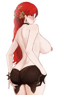 artist:amaruda beauty_mark brown_eyes character:himeko_(honkai:_star_rail) flushed_face hair_accessories lingerie lipstick long_hair nipple_piercings red_hair series:honkai series:honkai:_star_rail teasing // 1000x1631 // 519KB
