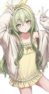 alternate_outfit artist:gabang character:hikari_(blue_archive) double_v green_hair hair_bow halo in-series_category:central_control_center in-series_category:highlander_railroad_academy long_hair pajamas pointed_ears series:blue_archive v yellow_eyes // 2036x3862 // 860KB
