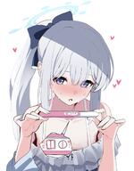 artist:higasikatajunpe character:miyako_(blue_archive) character:miyako_(swimsuit)_(blue_archive) flushed_face halo in-series_category:rabbit_squad in-series_category:SRT_special_academy long_hair ponytail pregnancy_test purple_eyes series:blue_archive sweaty swimsuit white_hair // 1378x1762 // 207KB