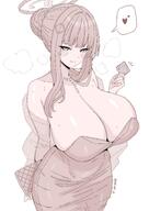 artist:akazuan character:rio_(blue_archive) condom dress flushed_face hair_accessories hair_bun halo in-series_category:millenium_science_school in-series_category:seminar low-cut_dress mechanical_halo monochrome series:blue_archive steaming_body // 1485x2100 // 269KB