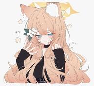 alternate_outfit animal_ears artist:8quuu blue_eyes cat_ears cat_girl character:mari_(blue_archive) hair_accessories halo in-series_category:sisterhood in-series_category:trinity_general_school japanese_text long_hair orange_hair series:blue_archive // 2048x1890 // 382KB