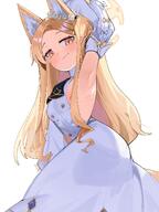 animal_ears armpit artist:abe-napori blonde_hair character:seia_(blue_archive) fox_ears fox_girl fox_tail hair_accessories halo in-series_category:tea_party in-series_category:trinity_general_school long_hair pov ribs series:blue_archive smug_face tail teasing yellow_eyes // 1536x2048 // 311KB