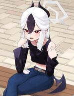 alternate_outfit artist:shiroi_urushi beauty_mark black_hair body_wings casual_clothes character:kayoko_(blue_archive) demon_horns demon_wings ear_piercings halo horns in-series_category:gehenna_academy in-series_category:problem_solver_68 long_hair midriff pants red_eyes series:blue_archive torn_clothing two-tone_hair white_hair // 2100x2700 // 354KB