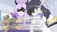 animal_ears artist:HIYOKO_MONAKA black_hair character:hibiki_(blue_archive) character:utaha_(blue_archive) dog_ears dog_girl hair_accessories halo in-series_category:engineering_club in-series_category:millenium_science_school long_hair mechanical_halo meme purple_hair series:blue_archive sweater twin_tails // 1920x1080 // 310KB