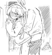 artist:kon_kokine character:hifumi_(blue_archive) flushed_face halo in-series_category:make-up_work_club in-series_category:trinity_general_school monochrome series:blue_archive sex_from_behind shirt_only standing_sex twin_tails // 905x943 // 166KB