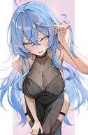 alternate_outfit artist:omoti blue_hair character:yukihana_lamy dress elf flushed_face in-series_category:generation_5 in-series_category:hololive_japan long_hair pointed_ears series:hololive thigh_squish yellow_eyes // 990x1511 // 215KB